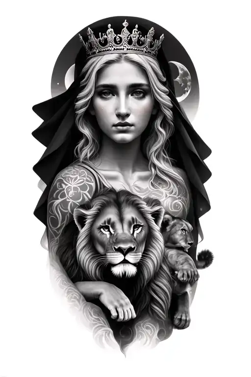 black & grey realism- greek goddess with light color hair, wearing crown with lifting veil, 2 lion cubs and moon tattoo design idea