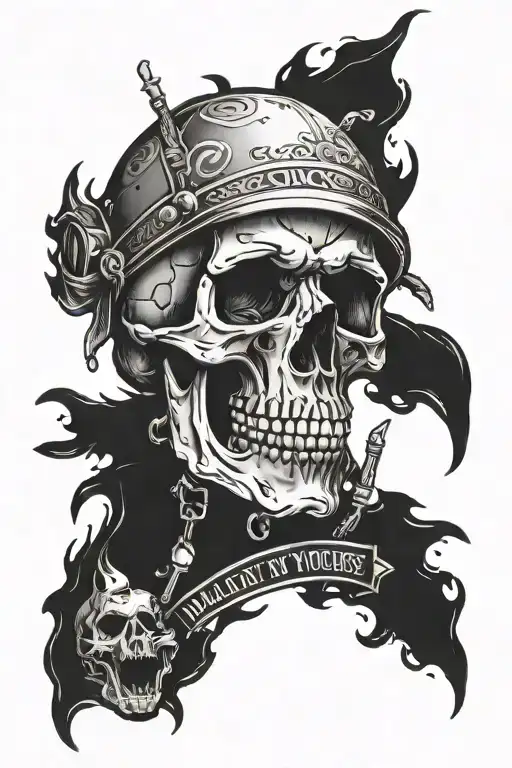 badass skull with the words for all mines ill lay yours tattoo design idea