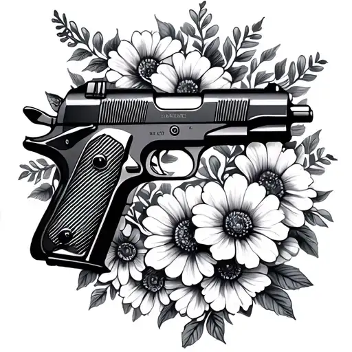 1911 Remington pistol surrounded by flowers tattoo design idea