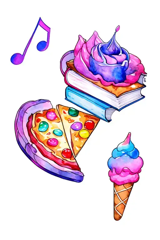 sleeve with pizza, princesses, Disney, jewelry, make up, books, icecream, music, dancing, coloring, swimming and candy tattoo design idea