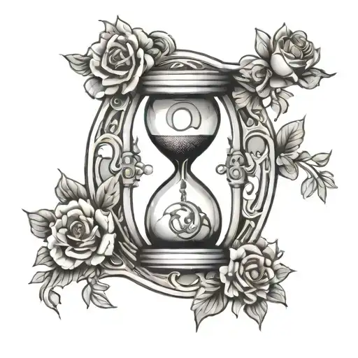 Hour Glass Filled with Alpha and Omega symbol intertwined tattoo design idea