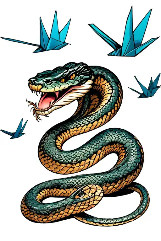 snake with paper cranes tattoo design idea