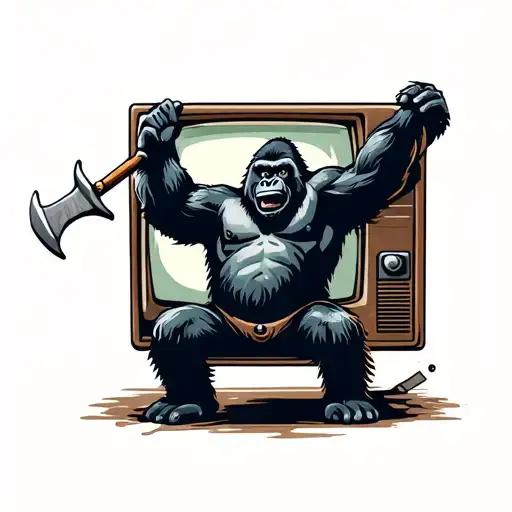 gorilla breaking a crt screen with a flail tattoo design idea
