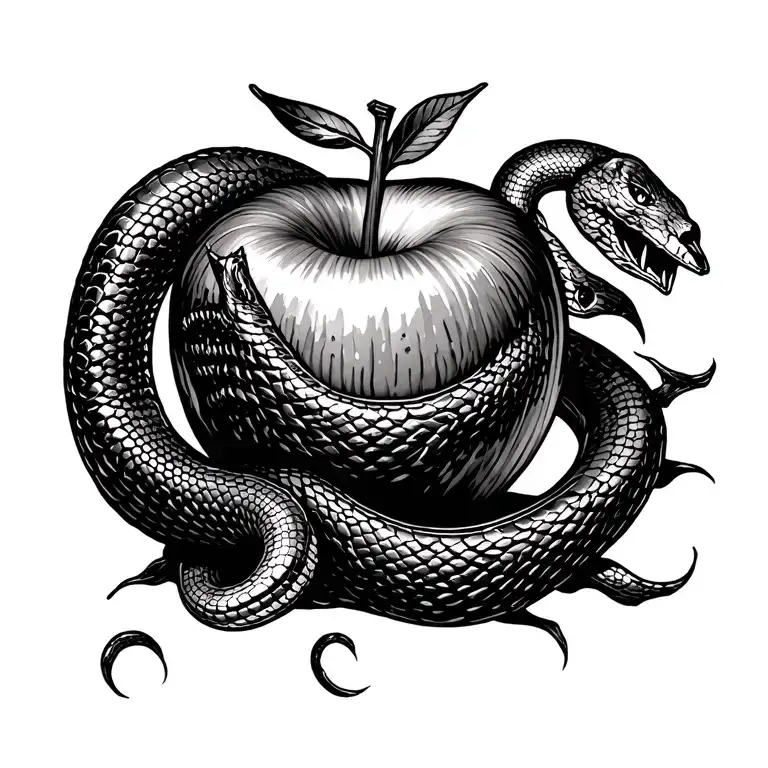 sin is forgiven, snake, crucified apple tattoo design idea