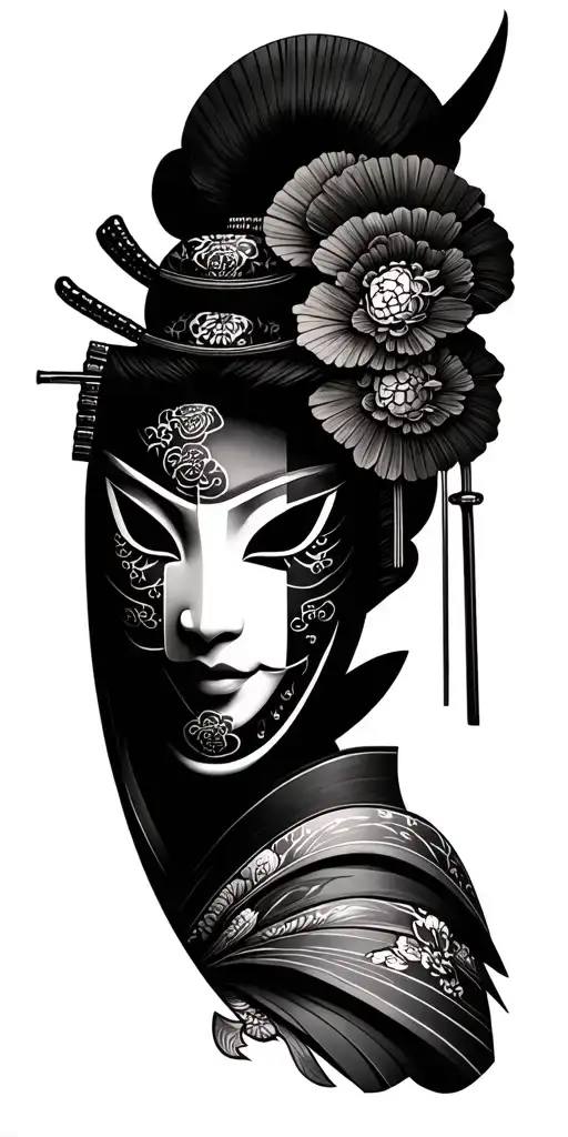 samurai mask split in half and geisha tattoo design idea