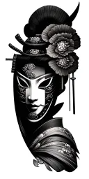 samurai mask split in half and geisha tattoo design idea