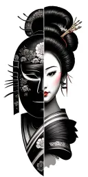 samurai mask split in half and geisha tattoo design idea