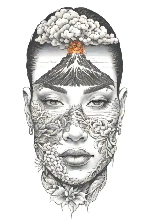 side profile,female face, hawaii, nature, volcano explosion tattoo design idea