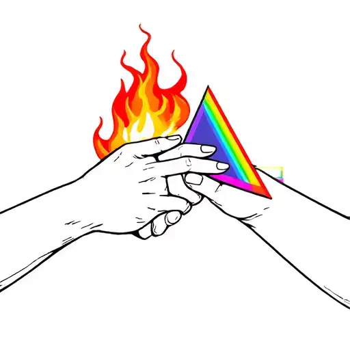 pink floyd album art- 2 hands shaking, one caught fire and prism. LINEWORK in black but the fire and prism in colour tattoo design idea