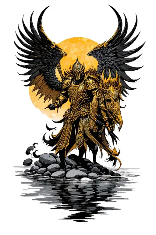 Water and pebble landscape, Gost Rider, gold chaka armor tattoo design idea