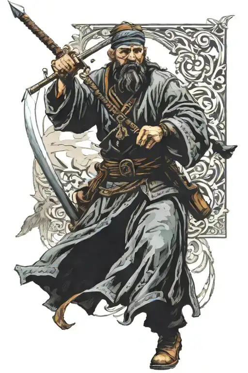 A Cossack sorcerer-warrior ('Kharakternyk') with two sabers in hand, walking away from a monitor and into the depths of  tattoo design idea