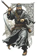 A Cossack sorcerer-warrior ('Kharakternyk') with two sabers in hand, walking away from a monitor and into the depths of  tattoo design idea