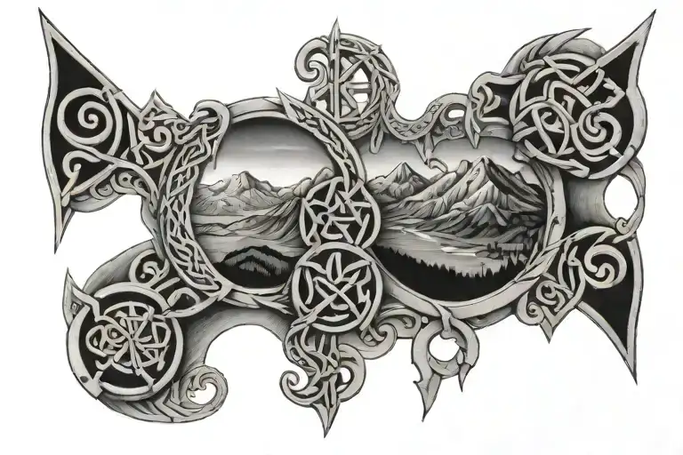 Celtic bands,, mountain range, and Roman numerals for 12/31/2010 tattoo design idea