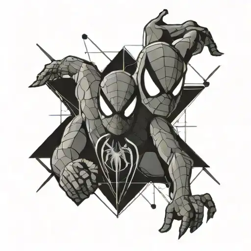 A sleek, geometric minimalistic tattoo design featuring subtle, stylized representations of Spider-Man and Super Mario.  tattoo design idea