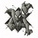 A sleek, geometric minimalistic tattoo design featuring subtle, stylized representations of Spider-Man and Super Mario.  tattoo design idea
