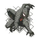 A sleek, geometric minimalistic tattoo design featuring subtle, stylized representations of Spider-Man and Super Mario.  tattoo design idea