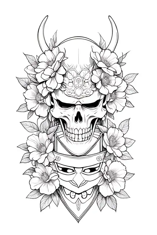 Flowers, a skull on top in the form of an ONI mask, a samurai mask below. All this with flowers around. tattoo design idea