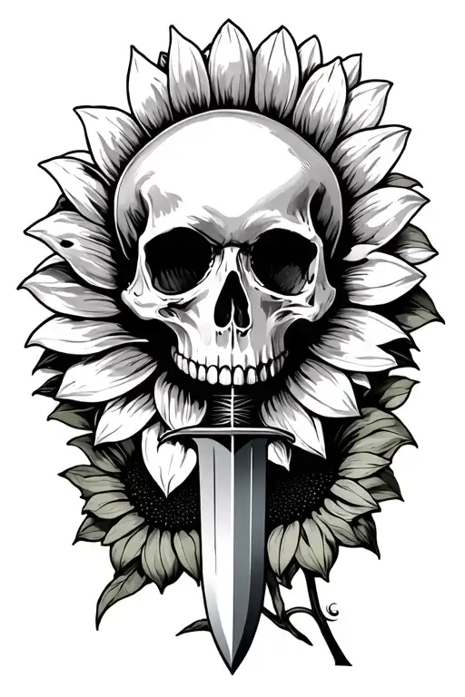 skull and sunflower sword piercing tattoo design idea