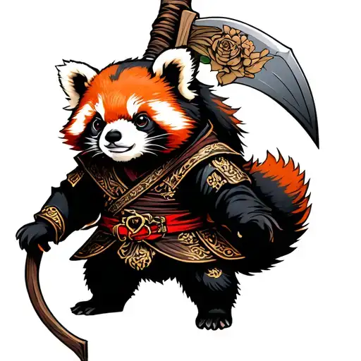 A cure little red panda in reaper costume with a big scythe tattoo design idea