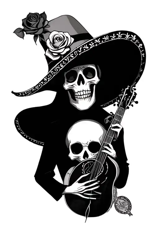 sad skeleton mariachi with rose tattoo design idea