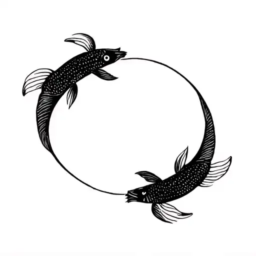 Minimalist blackwork tattoo design of the Pisces zodiac sign. Two koi fish swimming in a Yin Yang circle shape, with bol tattoo design idea