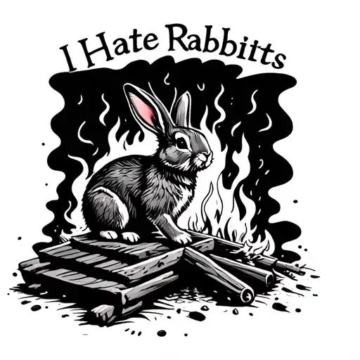 A Bunny rabbit being roasted over a campfire and in the smoke above the fire it says in quotes "I Hate Rabbits" tattoo design idea