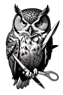 owl in flight holding scissors tattoo design idea