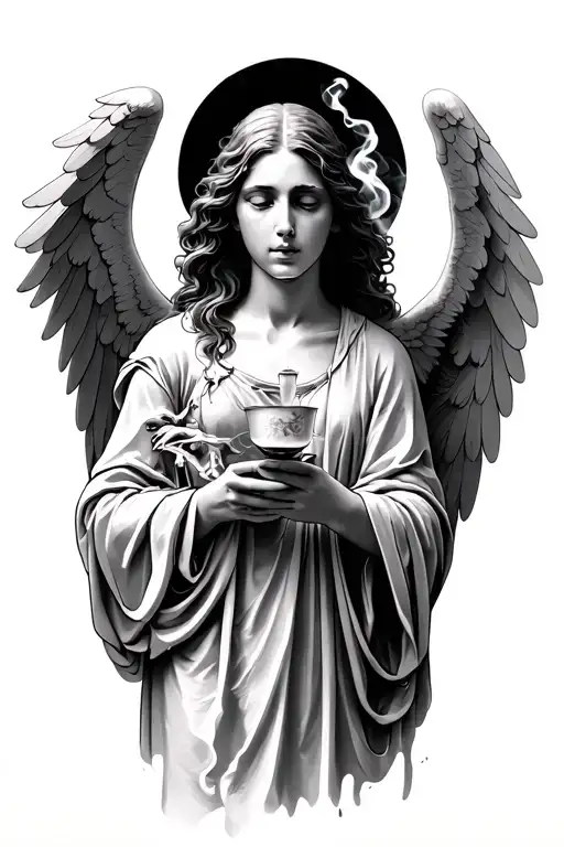  “ every saint has its past every sinner has a future” with angels doing things like smoking or something  tattoo design idea