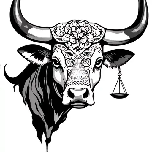 feminine bull with sugar skull markings and Libra scales tattoo design idea