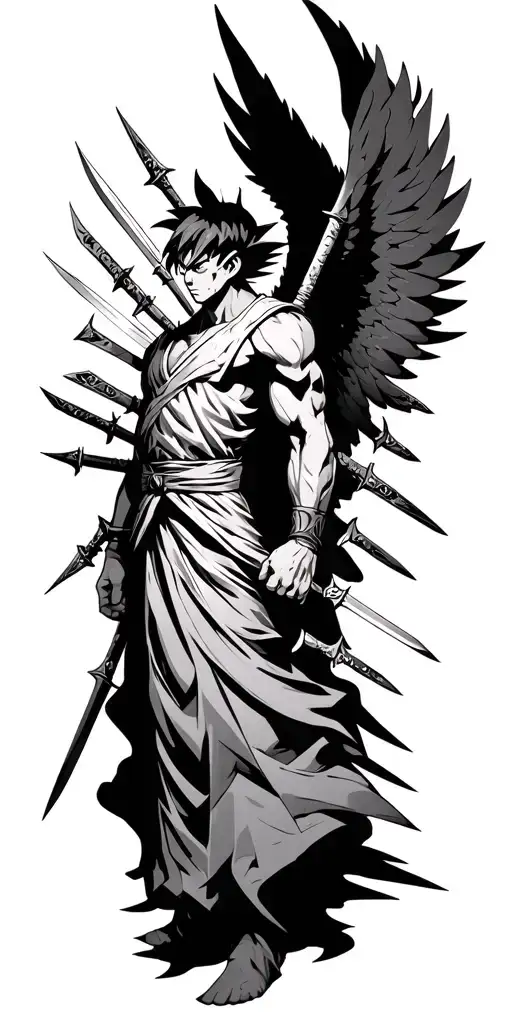 angel with 10 swords coming out of back. add goku and imperius from diablo 3  tattoo design idea