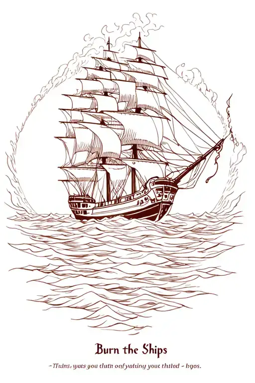 burning ship, burning boat tattoo, symbolic transformation, commitment tattoo, "burn the ships" quote tattoo design idea