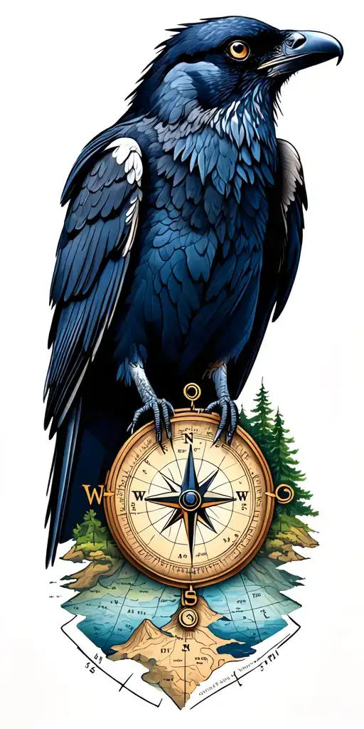 nature piece with a Crow, topographical map, compass, and forests and mountains tattoo design idea