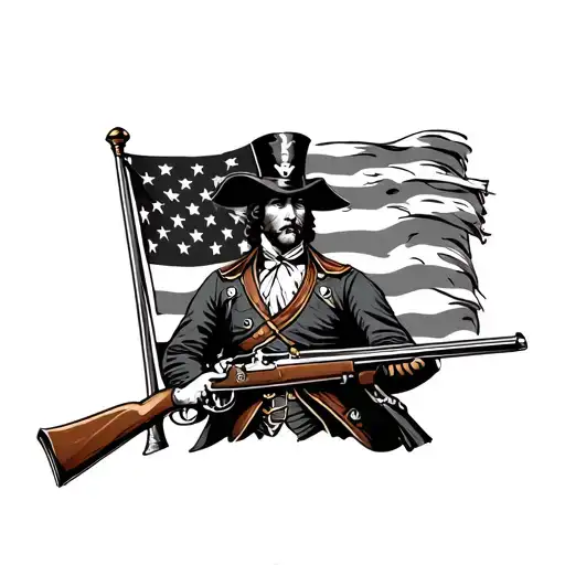 Revolutionary war soldier holding flintlock rifle in front of betsy ross flag with banner tattoo design idea