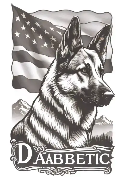 portrait of German shepherd saying "diabetic" mountain scene American flag tattoo design idea