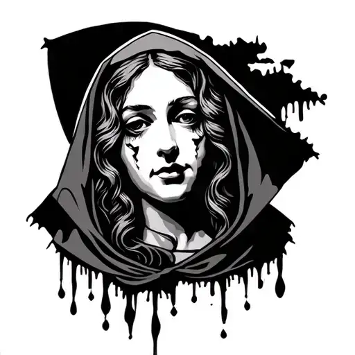 madonna face with hood with torn clothes tattoo design idea