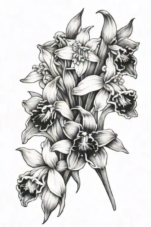 snowdrop, daffodil and larkspur flower tattoo design idea