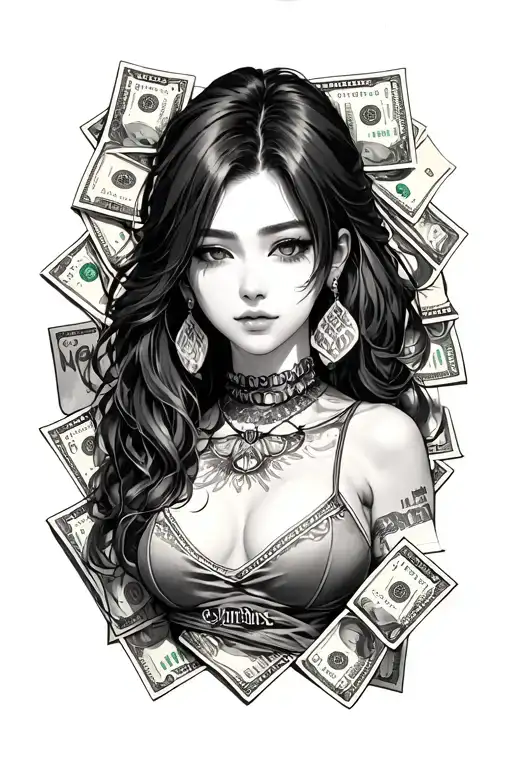 money cards and anime characters tattoo design idea