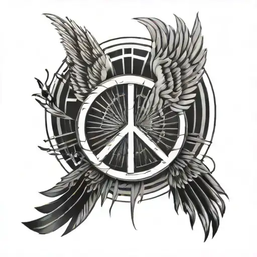 A stylized peace sign with wings made of guitar strings and piano keys tattoo design idea