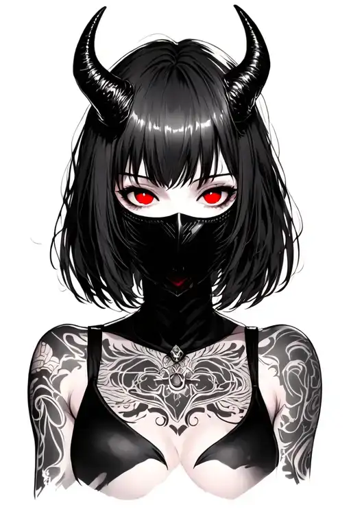 Anime, mask girl, short hair with fringe, gothic style, red and serious eyes, pair of demonium horns tattoo design idea