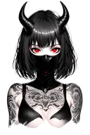Anime, mask girl, short hair with fringe, gothic style, red and serious eyes, pair of demonium horns tattoo design idea