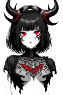 Anime, mask girl, short hair with fringe, gothic style, red and serious eyes, pair of demonium horns tattoo design idea