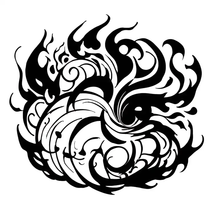 japanese blackwork swirls like lively flames and japanese symbols and geometric elements such as tomoe. Longer design tattoo design idea