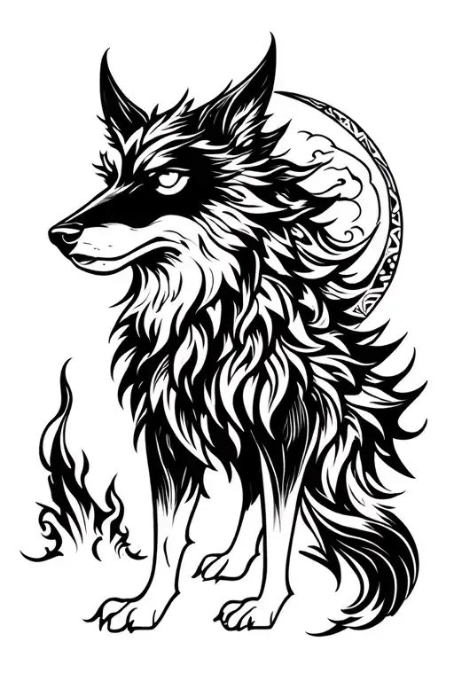 Nordic fenrir hati skoll with sun and moon tattoo design idea