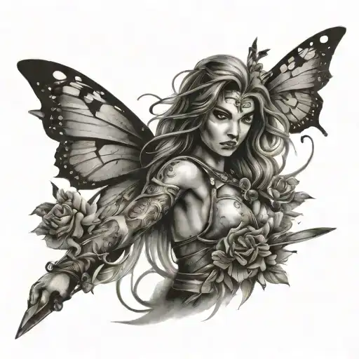 Woman Warrior holding sword with butterflies surrounding sleeve tattoo tattoo design idea