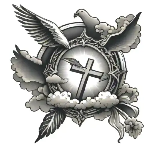 crosses, dove, clouds, date of birth 14.04.1969, sunbeams through the sky tattoo design idea