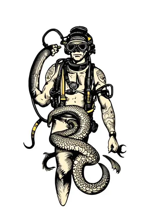 antic scuba diver with moray eel wrapped tattoo design idea