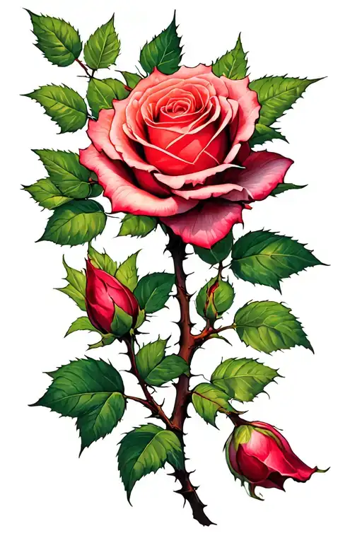 a leg/arm tattoo of a dying thorny rose brush branch, and at the end of the branch, the last living petal of the branch  tattoo design idea