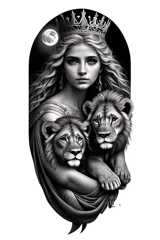 black & grey realism- beautiful greek goddess with light color hair, wearing crown, 2 lion cubs and moon tattoo design idea