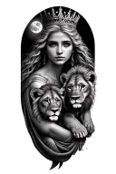black & grey realism- beautiful greek goddess with light color hair, wearing crown, 2 lion cubs and moon tattoo design idea