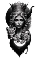 black & grey realism- beautiful greek goddess with light color hair, wearing crown, 2 lion cubs and moon tattoo design idea